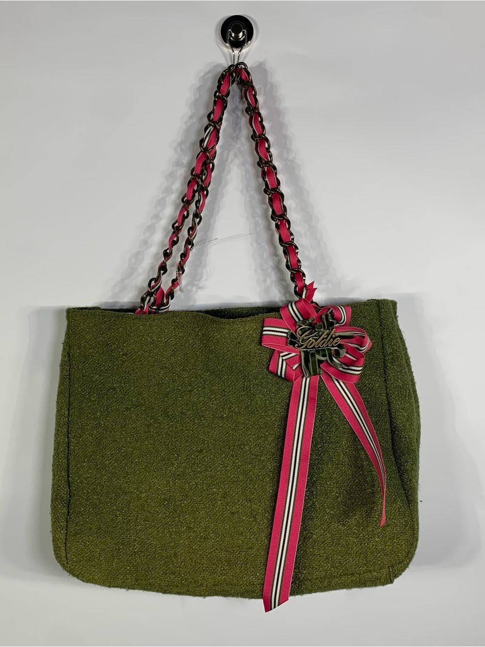 Y2K Goldie Olive Green Boucle Tote Bag Pink Ribbon Chain Purse